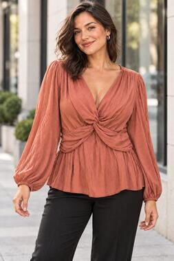 Rose Jacquard Twist Front Peplum Blouse XL Pleione Romantic